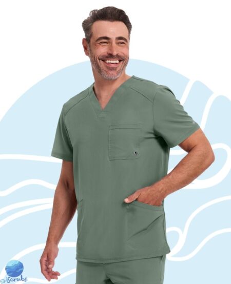 Chaqueta de uniforme médico para caballero Infinity modelo CK900A verde olivo. Vista lateral izquierda.