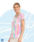 Chaqueta de uniforme médico para dama Med Couture modelo MC632 pop stripes. Vista izquierda.