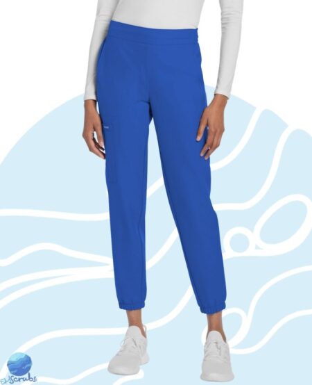 Pantalón de uniforme médico para dama Cherokee modelo CK273A azul electrico. Boca jogger. Vista frontal.