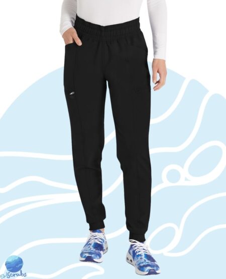 Pantalón de uniforme médico para dama Dickies modelo DK155 negro. Boca jogger. Vista frontal.
