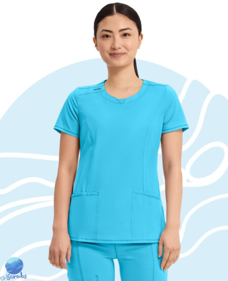 Chaqueta de uniforme médico para dama Infinity modelo 2624A turquesa. Vista frontal.